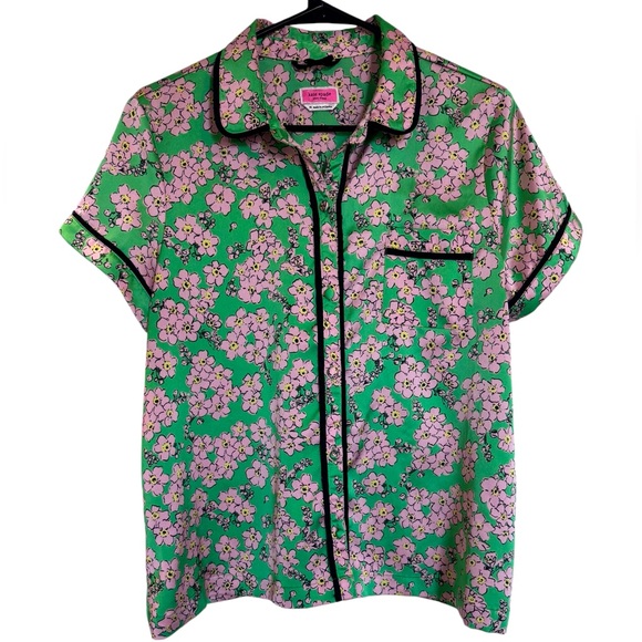Kate Spade Charm Floral Button Down Pajama Top Short Sleeve Green & Pink Sz Med - Picture 2 of 16